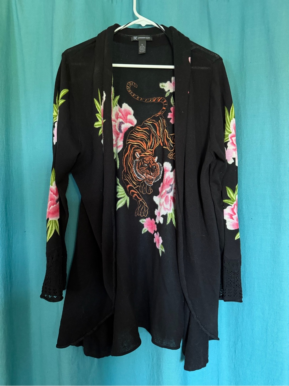 INC long cardi- tattoo embroidery, tiger embroidery, Japanese embroidery